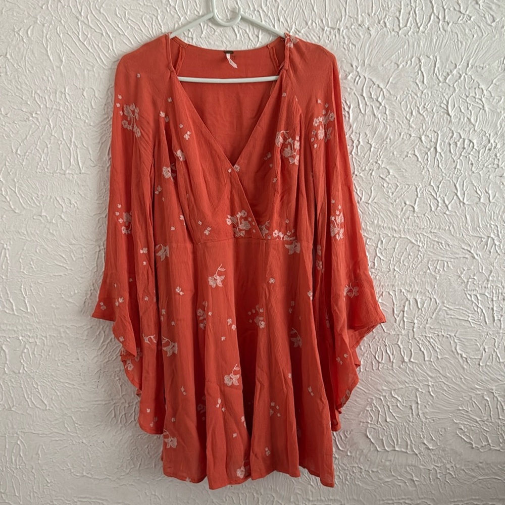 Free People Dress Papaya Orange Floral Mini Sz 4 Embroidered Bell Sleeve Zip